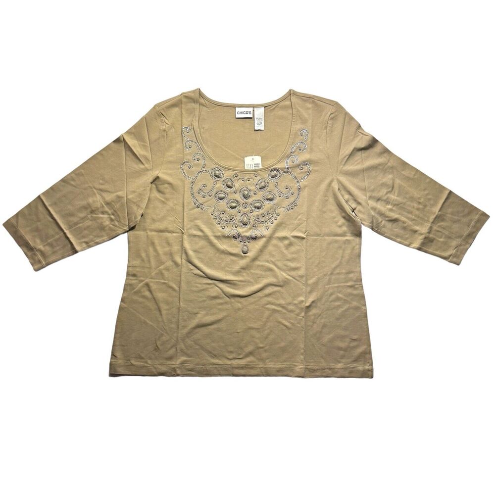 Chico's Taupe Scoop Neck Long Sleeve Tee Gaudy Embedded Rhinestone Woman's SZ 3